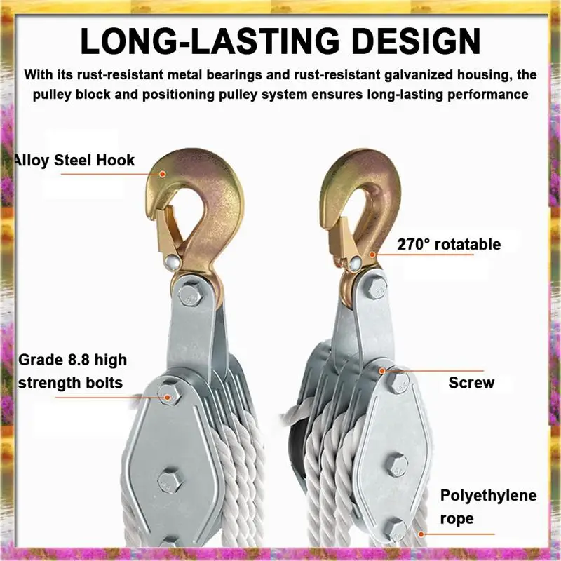 Aug. Industrial Grade Rope Pulley Block System – 2200 Lbs Break Strength, 6:1 Lifting Power