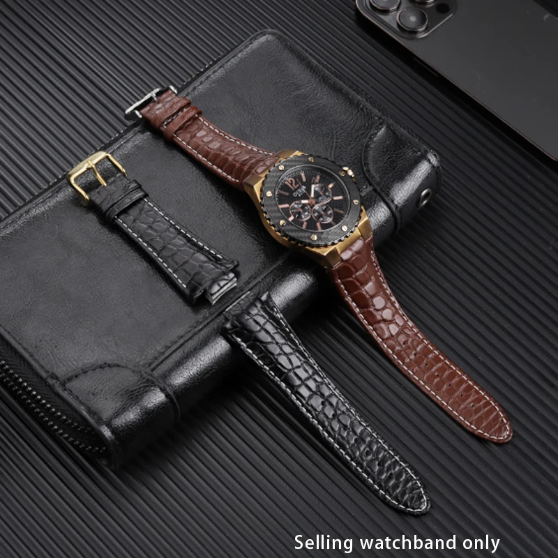 For GUESS Giles W0149L5 Crocodile leather men's Wristband Flared Soft Genuine leather Strap Watch Accessories Black And Brown