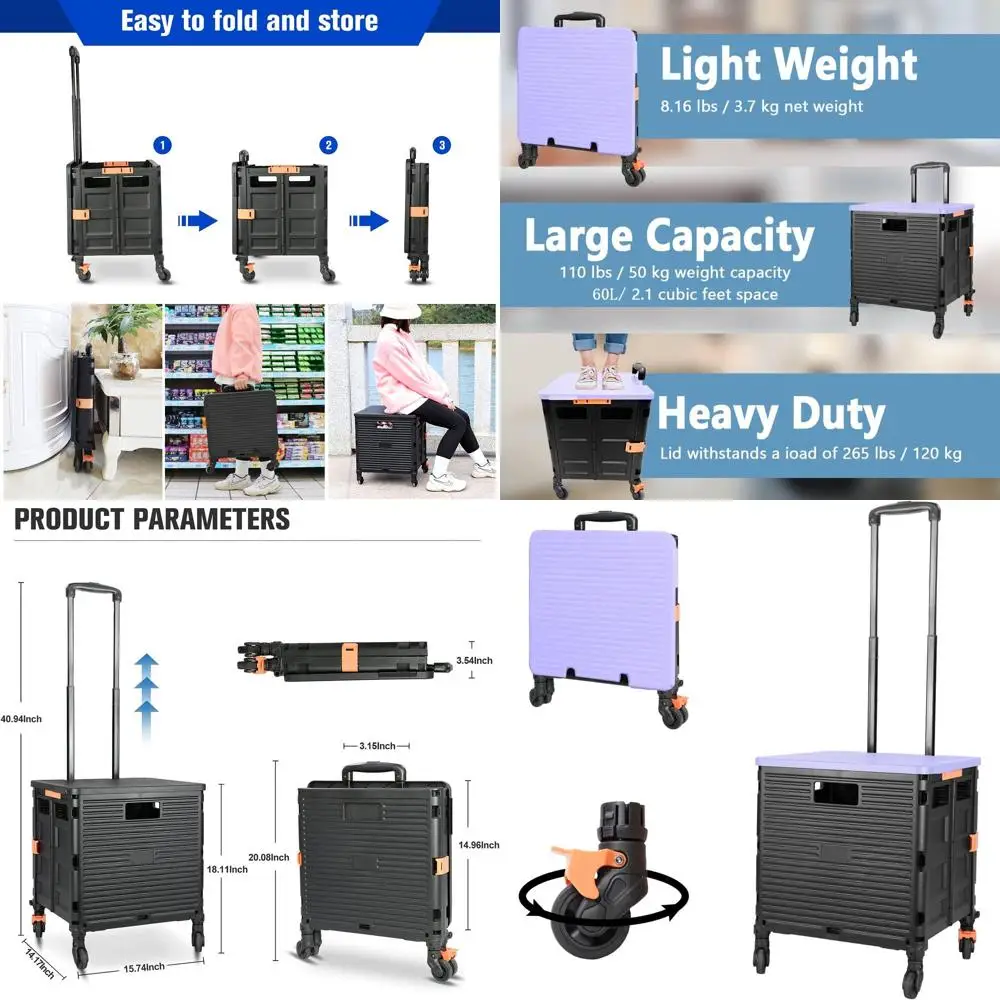 

Складная портативная ручная тележка с телескопической ручкой и 4 поворотными колесами для путешествий, покупок и офисного использования