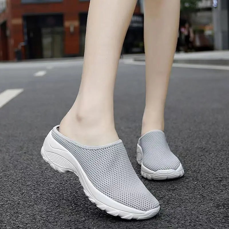 

Women Mesh Baotou Wedges Casual Sport Slippers Summer New Thick Sole Non Slip Big Size Light Breathable Outdoor Half Slippers