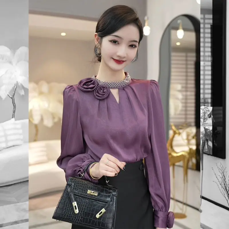 2024 Early Autumn New Top Early Autumn Wearing with Elegant Temperament Purple Light Luxury Women's Long Sleeved Shirt