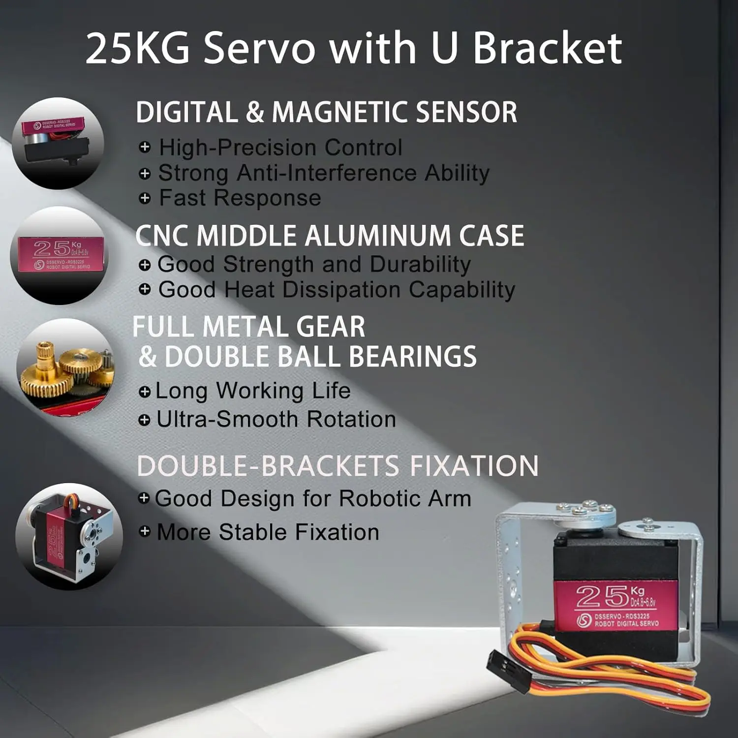 25KG Digital RC Servo RDS3225 Dual Shaft Metal Gear Servos U-Shape Mount Bracket for Robot Robotic Arm Control Angle 270/180°