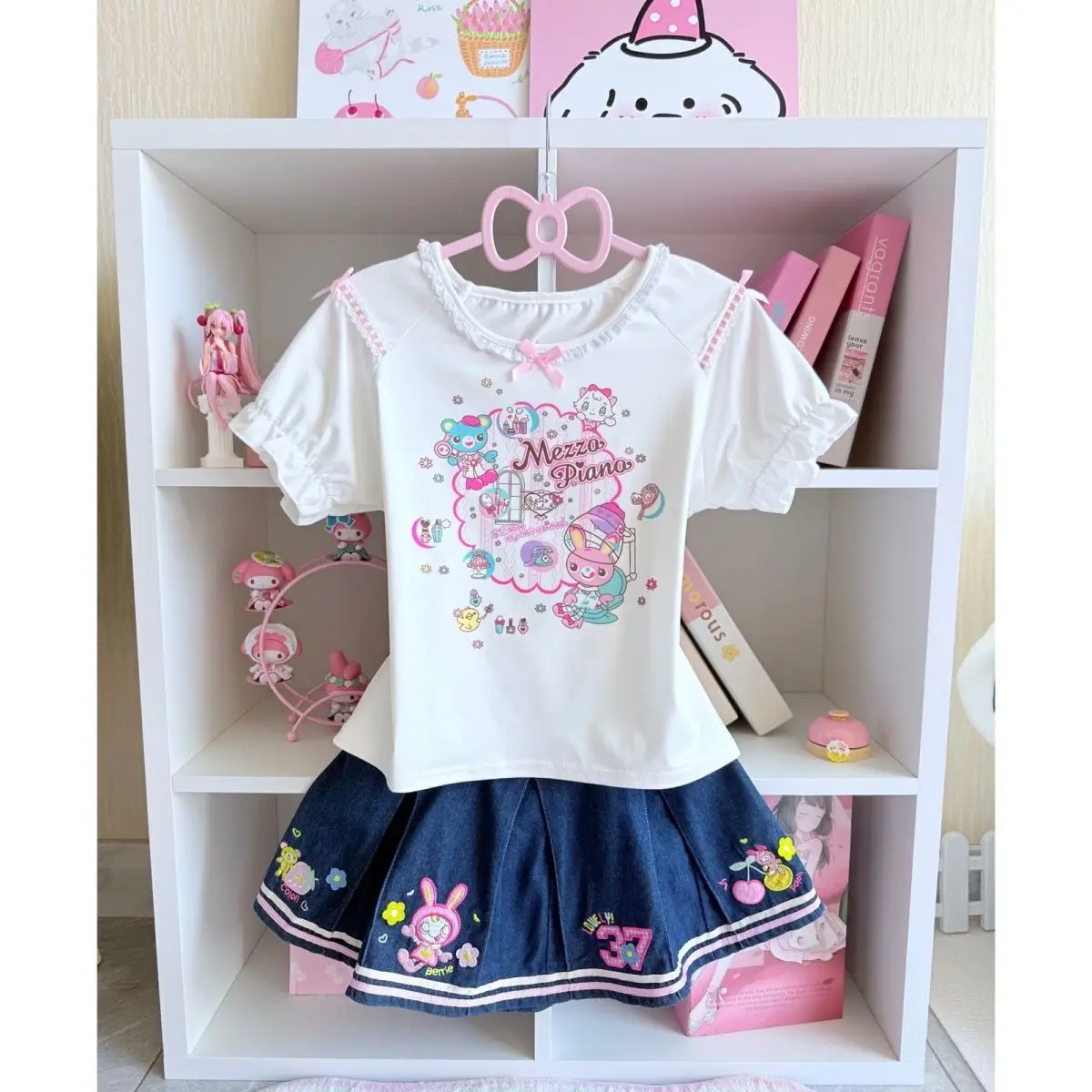 Japanese Sweet Skirt Sets Summer New Cartoon Mp Printed Short Sleeved T-shirt + Embroidery Denim Mini Skirt 2 Pcs Sets Y2k Suits