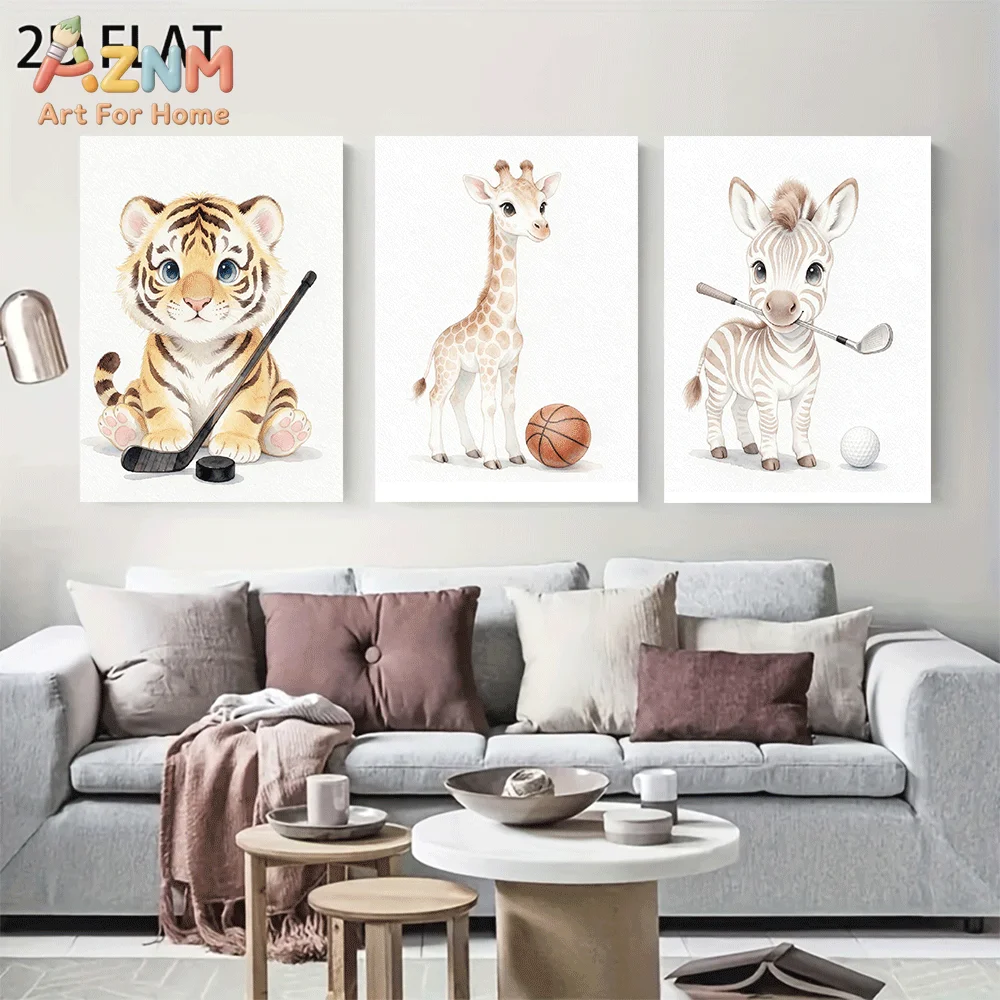 AZNM Frameless Canvas Wall Art, Watercolor Tiger Giraffe Zebra Sport Print, Cute Safari Animal Sports Themed Wall Decor for Livi