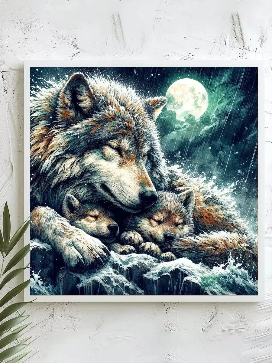 1 Stück 40x40 cm/15,74 Zoll, 11Ct/14Ct Kreuzstich-Set, DIY Valentinstagsgeschenk, Stickerei-Set für Festlichkeiten, Wolfsbabys, Felsen, Mond, Regen – Detail 1