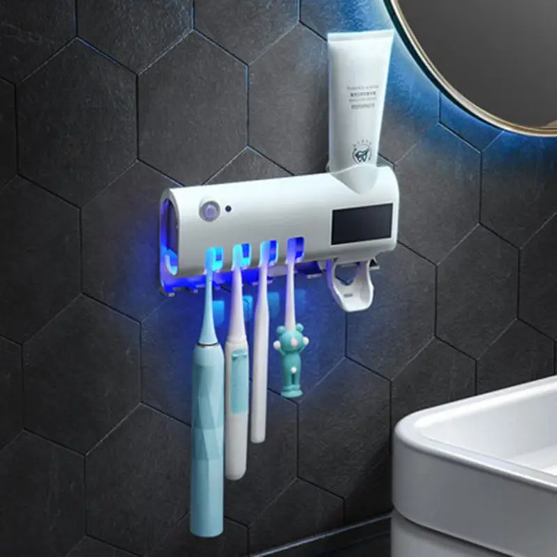 Soportes para cepillos de dientes montados en la pared, 4 ranuras para cepillos de dientes, soporte para cepillos de dientes con luz UV, dispensador exprimidor de pasta de dientes automático