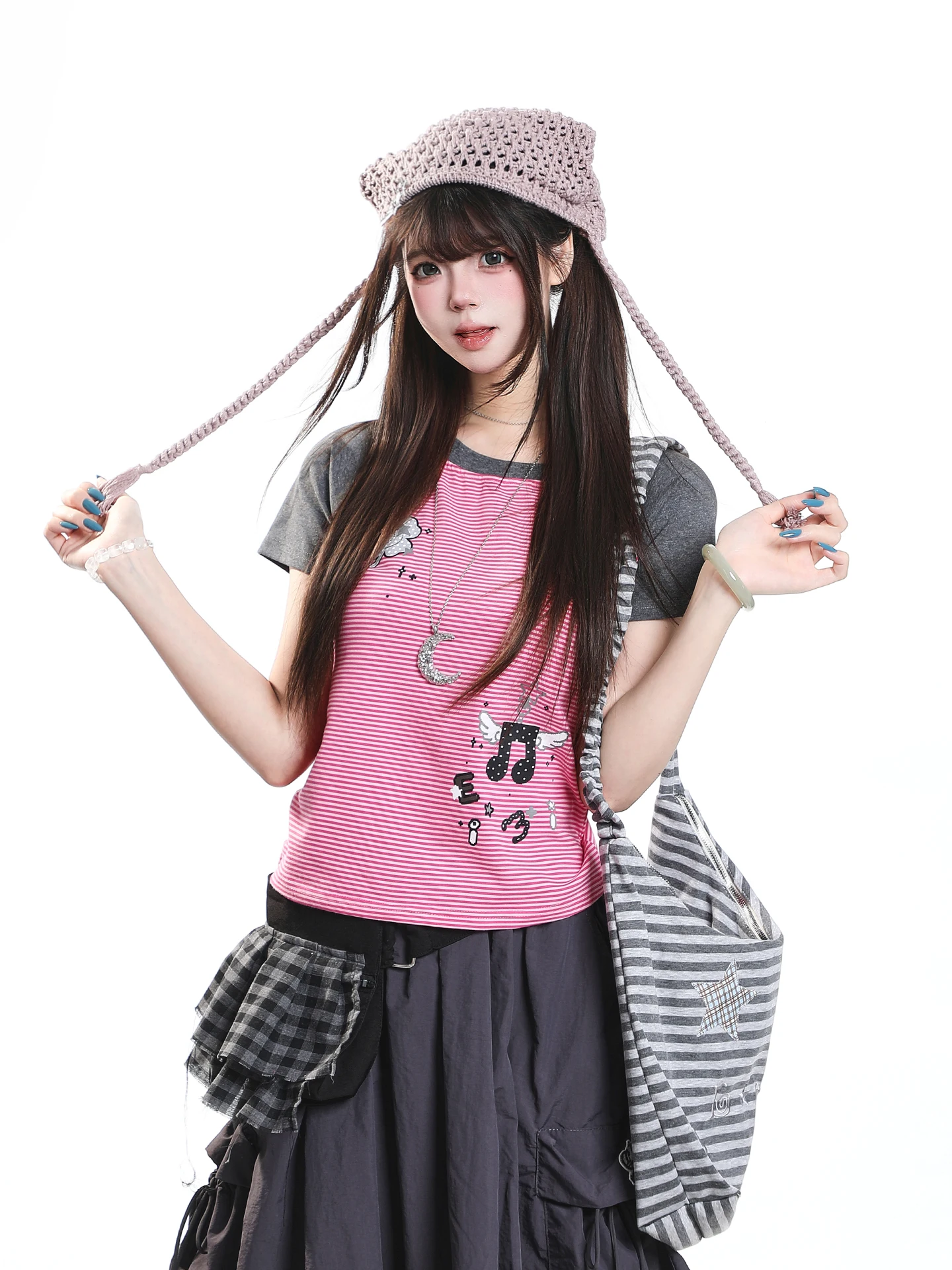 Casual Striped Short Sleeve T-Shirt Women's Summer Korean Style Slimming Shoulder Top Note Feeling Color Block Slim Fit round...