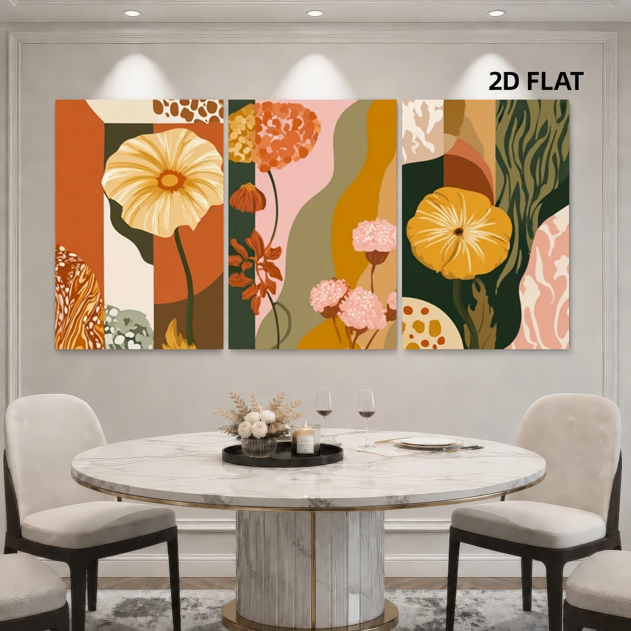 2D Flat, 2D Flat, 3pcs Abstract Floral Patchwork Wall Art Prints, Warm Tone Blossoms And Leaves, Frameless Art Prints for Liv