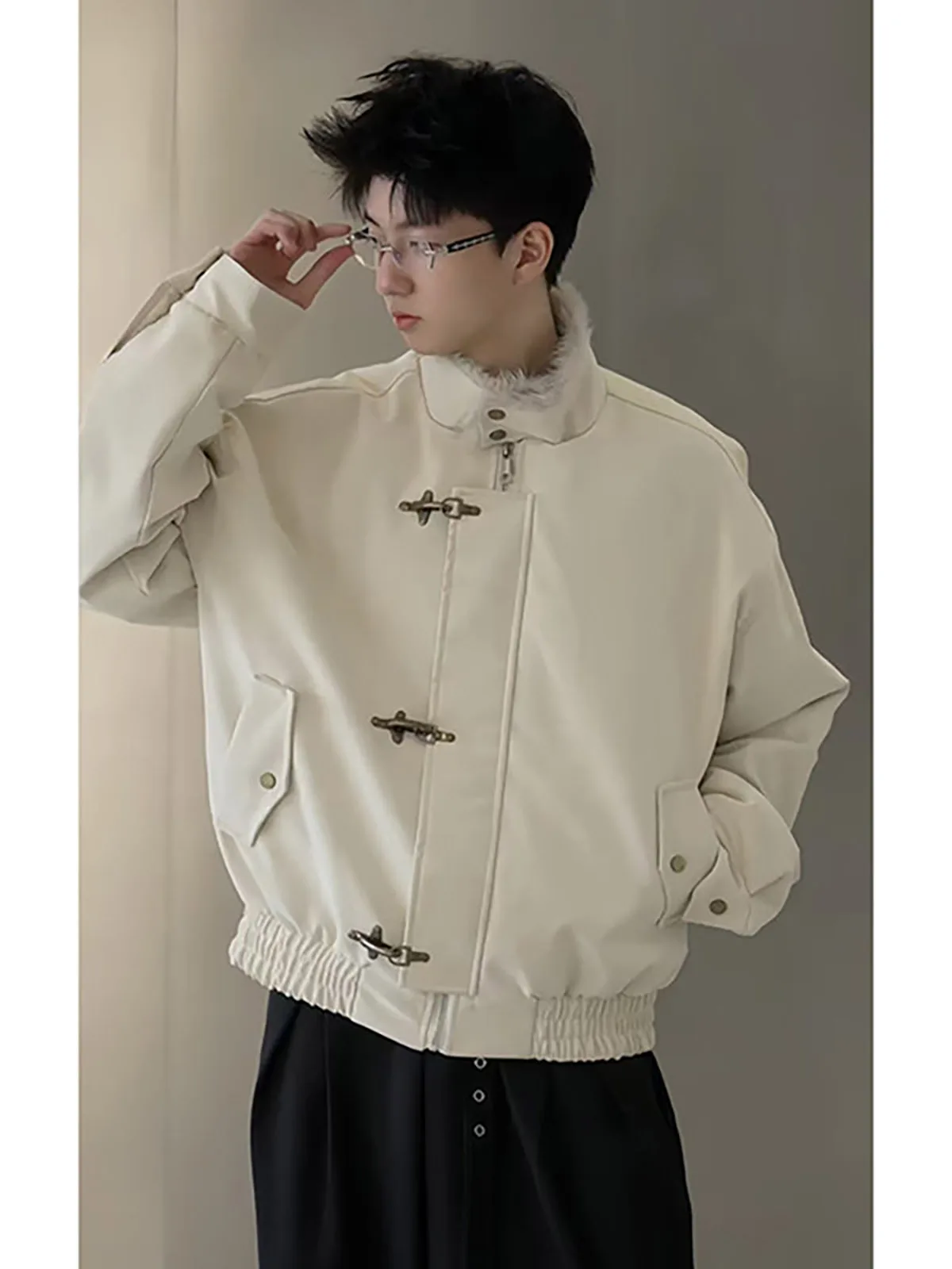 Thickened Lamb Fur Cotton Jacket Men's Winter American Style Fleece Lined Jacket Metal Aircraft Buckle Cotton Coat Outerwear