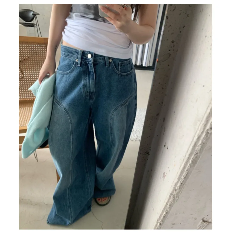 Casual High Waist Wide Leg Jeans Patchwork Straight Leg Versatile Denim Pants for Everyday Wear Comfortable Cotton Non-Stretch
