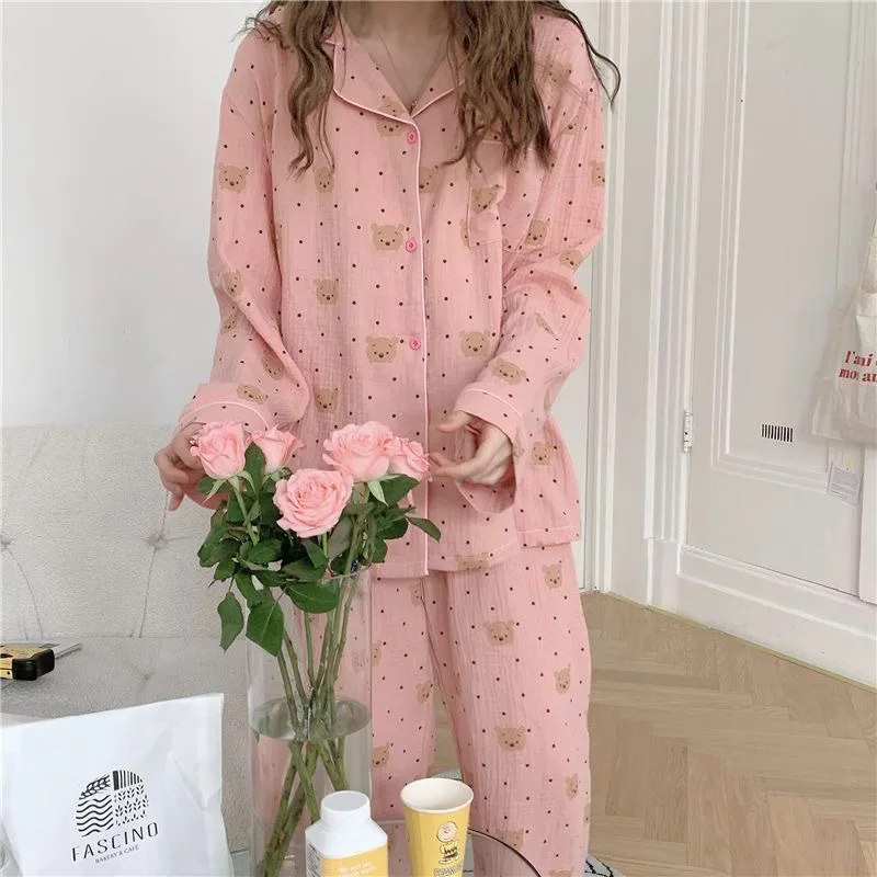 New Women\'s Rustic Style Floral Lapel Cardigan Pajamas Loungewear   Ladies Imitation Cotton Wrinkled Fabric Girl Sweet Set Women