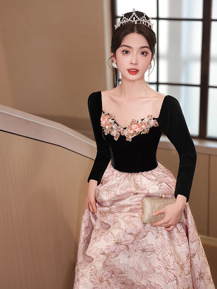 

French Square Collar Black Evening Dress Velvet Long Sleeve Elegant Birthday Party Dresses Women Performance Gown