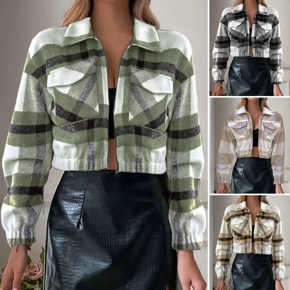 

Women Autumn Coat Plaid Print Flap Pockets Turn-down Collar Lapel Loose Soft Cardigan Zipper Contrast Color Spring Short Jacket