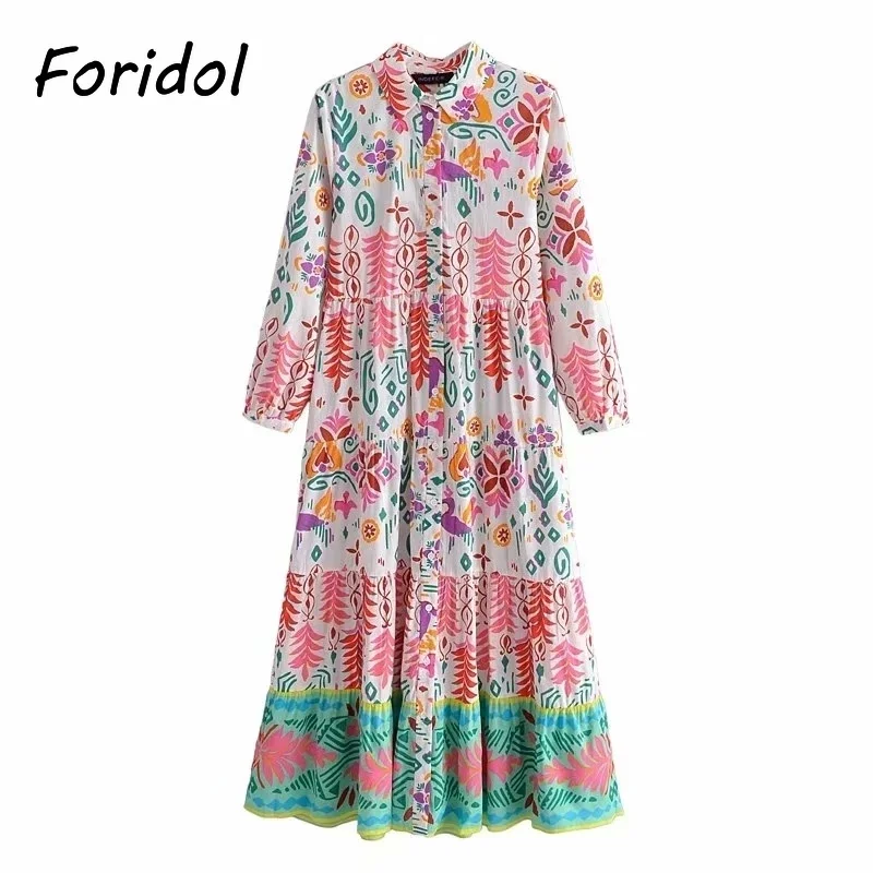 Foridol Casual Boho Overhemdjurk Met Bloemenprint Maxi Lange Herfst Winter Jurk Met Lange Mouwen 2024 Jurk Met Knoop