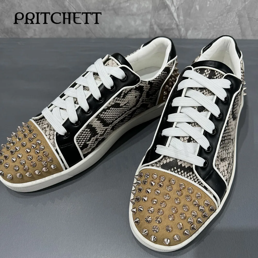 

Snake Pattern Stitching Rivet Casual Shoes Round Toe Lace-Up Slip-On Personalized Sports Shoes Large Size Trend Men's Shoes