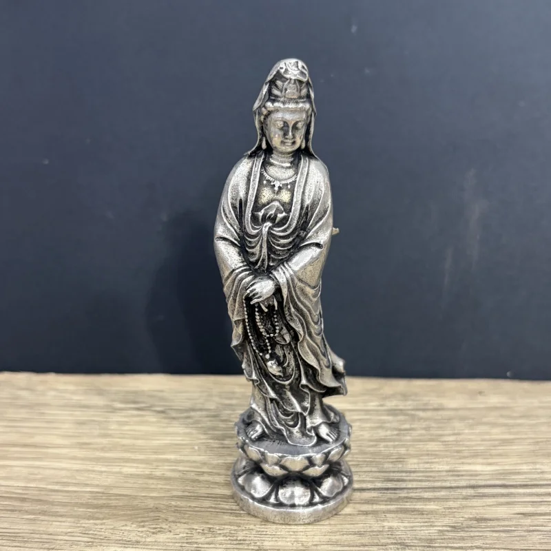 Vintage copper-plated silver Guanyin Bodhisattva ornament for home, Buddhist shrines, and shops, exquisitely crafted with a rich