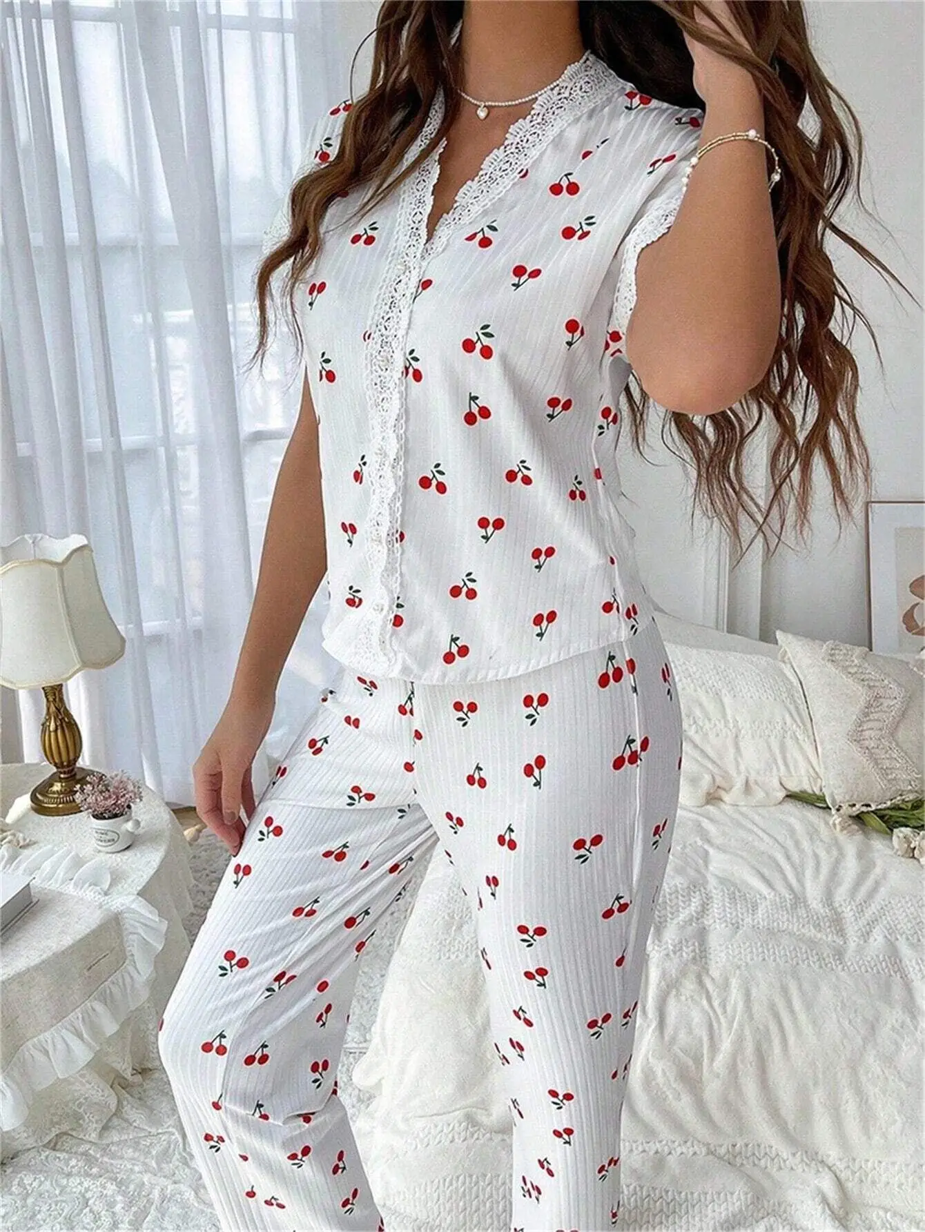 Women Home Wear Cherry Print Water Soluble Embroidery Flared Sleeved Sweatpants for Everyday Wear Lace Pajamas