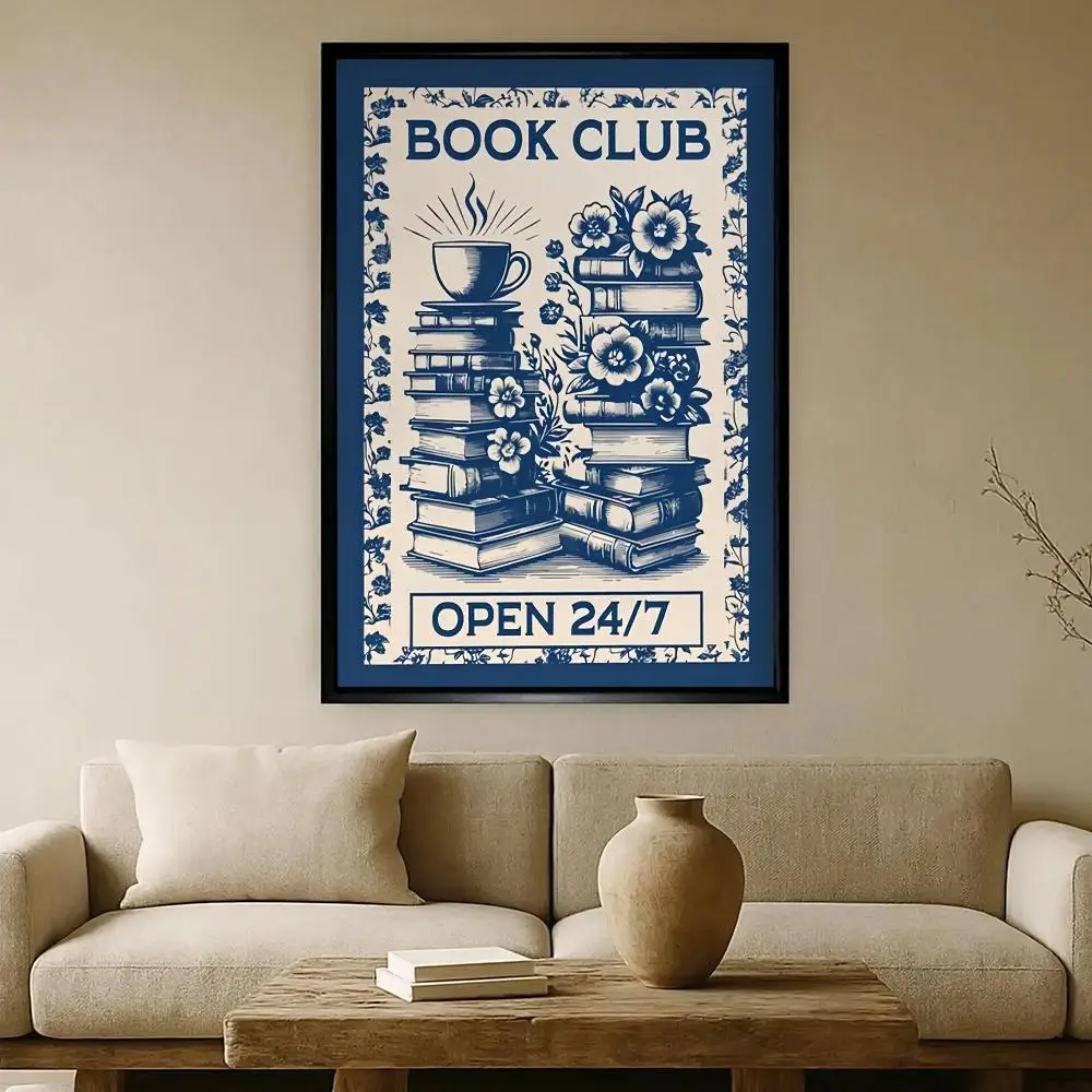 Vintage Book Club HD Wall Art Poster Navy Blue Book Lover Literary Chinese Style Reading Room Study Home Decor Gift