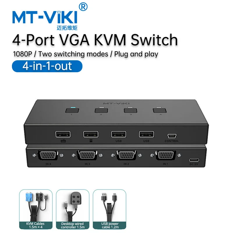 MT-VIKI KVM Switch 4 in 1Out USB Keyboard Mouse Printer Sharing Device Computer Monitor Video Display Switcher 4 Ports MT-KV4