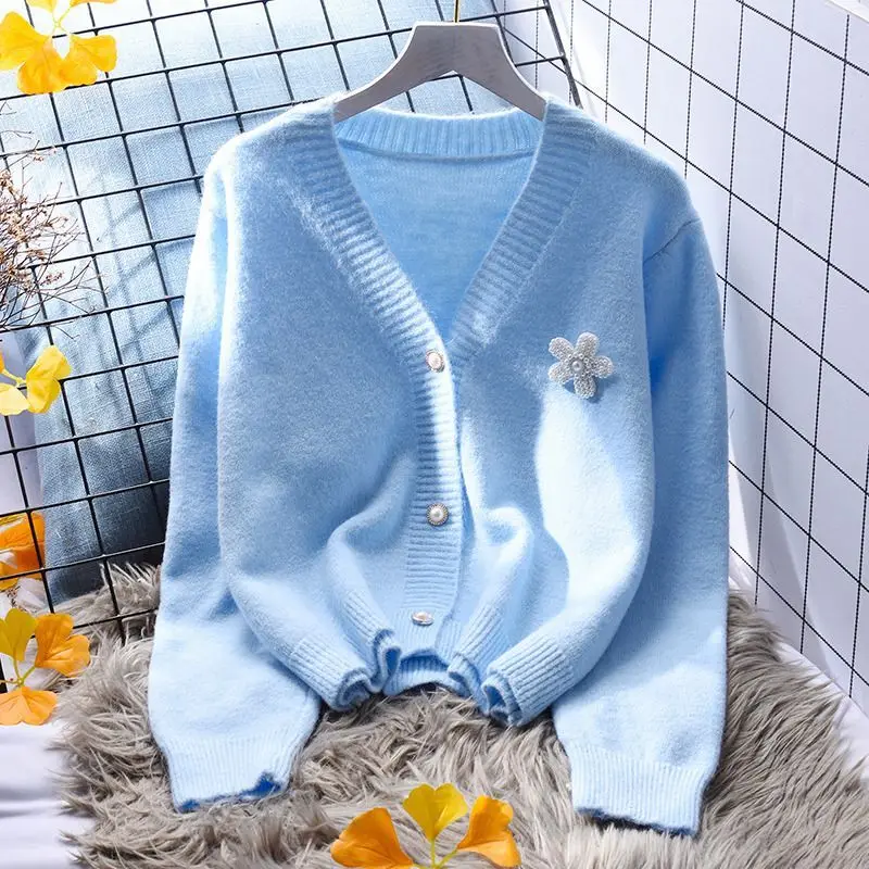 Sweet V-neck Knitting Cardigan Coat Women Autumn Winter Simplicity Loose Solid Color Sweater All-match Long Sleeve Knitwear Tops