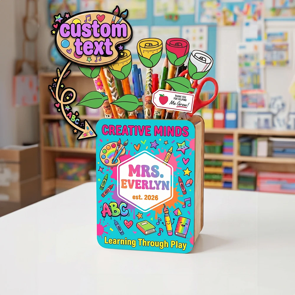 Personalized Custom Text Wooden Pen Holder,Colorful Cartoon Art Design,Teacher Appreciation Gift,Back To School,Desktop Decor