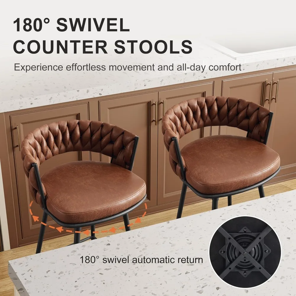Conjunto de 4 bancos de bar de 26 polegadas, bancos de bar com altura de balcão, 180 °   Cadeiras giratórias de tecido de camurça com encosto tecido e apoio para os pés