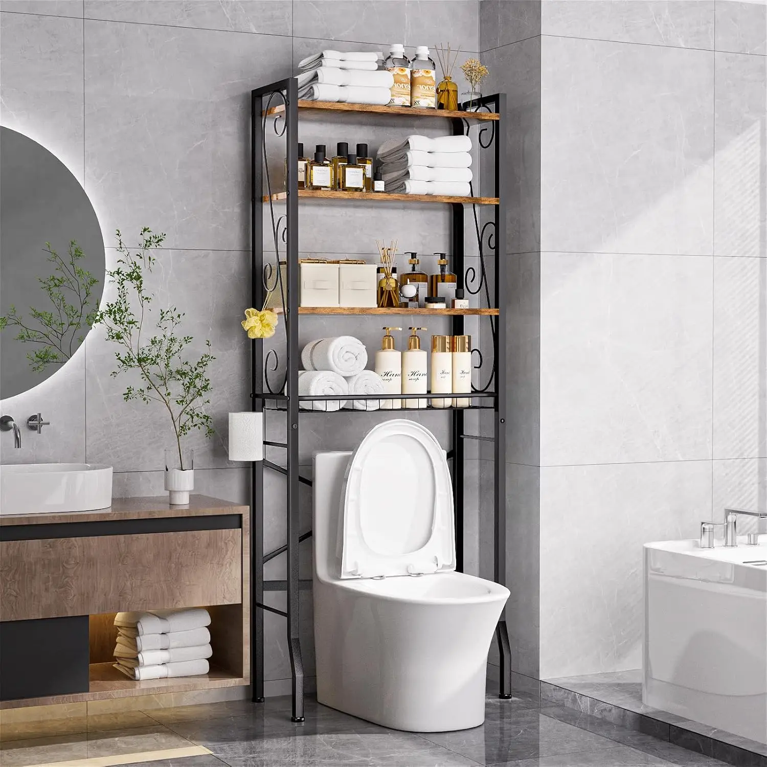 

Over-The-Toilet Storage Rack 4-Tier,Bathroom Organizer Shelf Over Toilet,Adjustable Wooden Shelves and Basket,Freestanding Ab