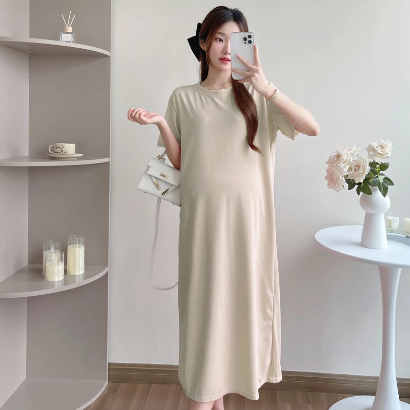 

Summer Maternity Knitting Dress Short Sleeve O-neck Solid Color Pregnant Woman Straight Midi Dress Pregnancy Stretched Dresses