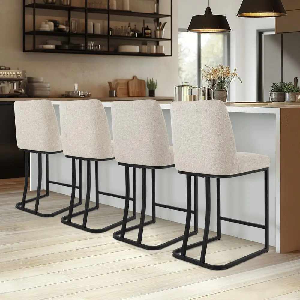 

Set of 4, 24 Counter Height Bar Stools, Linen Fabric Upholstery, Metal Frame, Beige for Kitchen Island or Dining