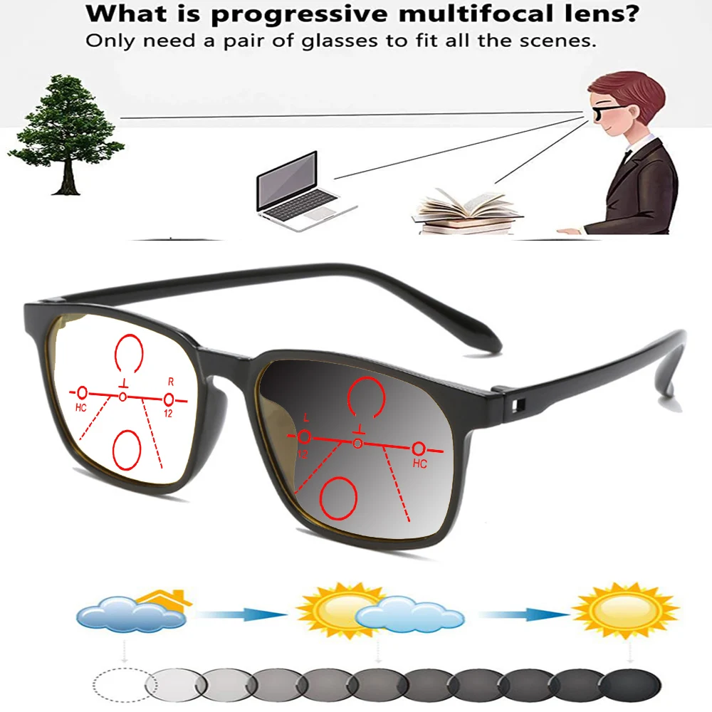 Without Screws Fashion Lightweight TR90 Rectangle Photochromic Gray Progressive Multi-focal Reading Glasses +0.75 To +4