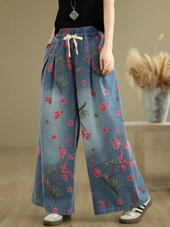 

Loose Wide Leg Denim Jeans Women's Spring Summer Floral Print Elastic Waist Straight Floor-Length Slimming Effect Casual Jeans
