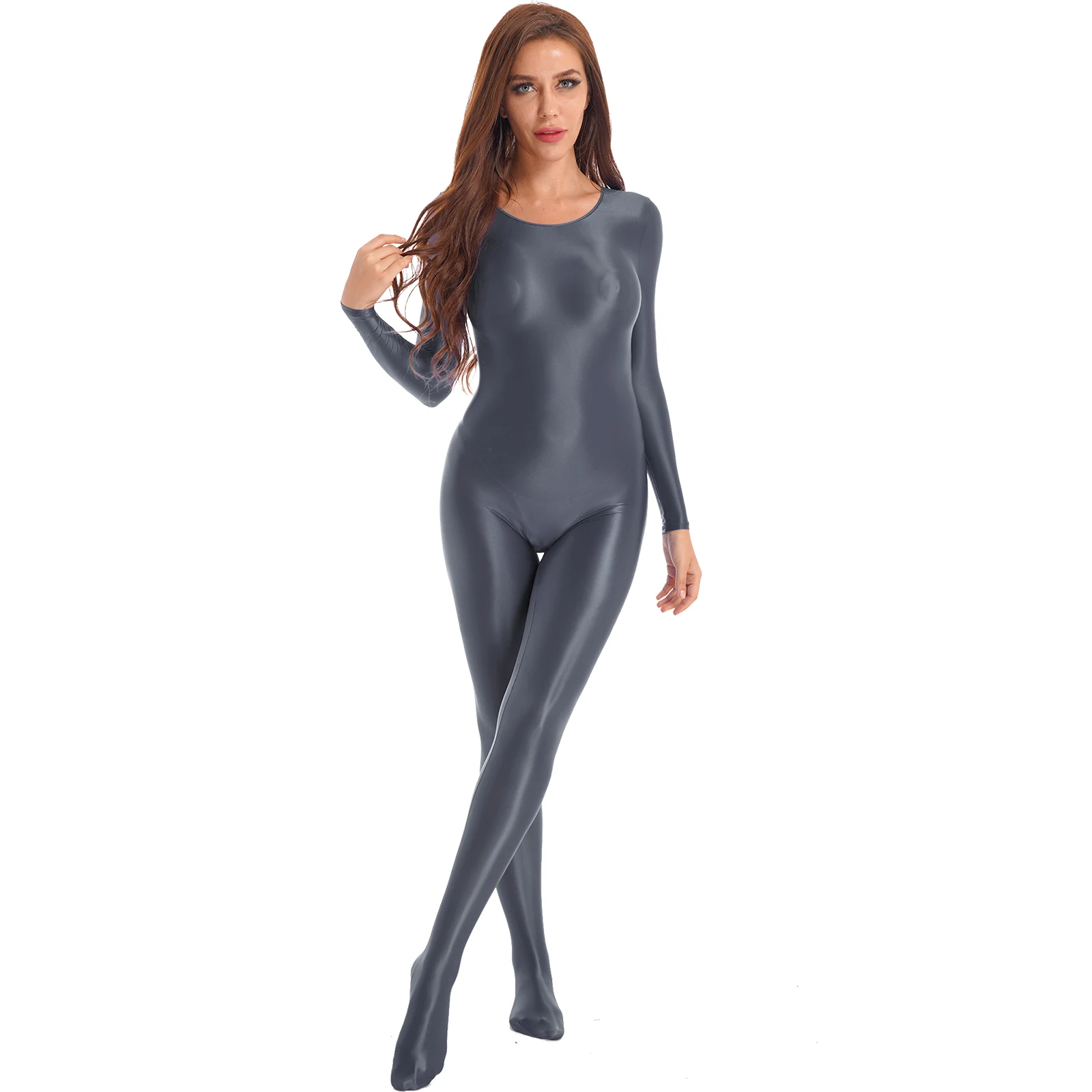 Damen Overalls Langarm glänzende Dessous Body stocking Frau Gymnastik Bodysuit Catsuit für Pole Dance Clubwear Nachtwäsche