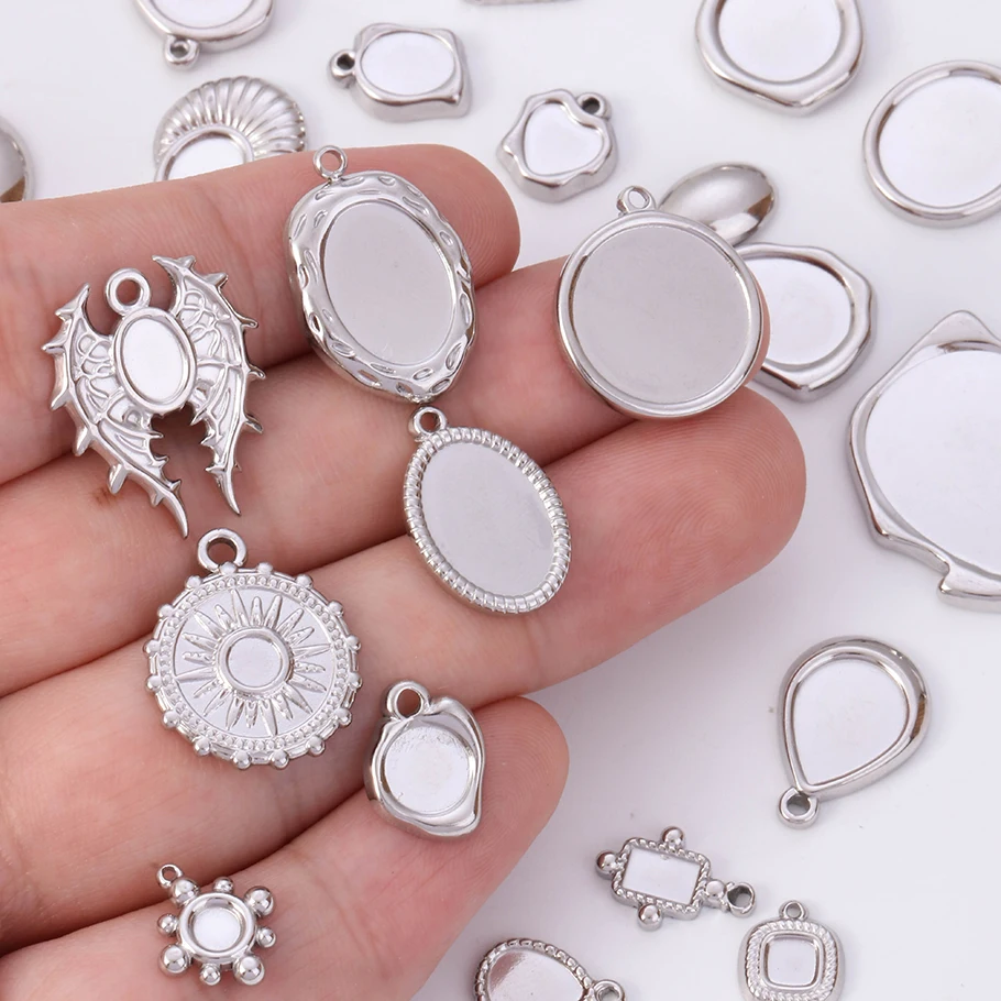 7Pcs Stainless Steel Oval Rectangle Blank Cabochon Base Charms For Cameo Jewerly Mix Irregular Cross Tray Bezel Pendentif Making