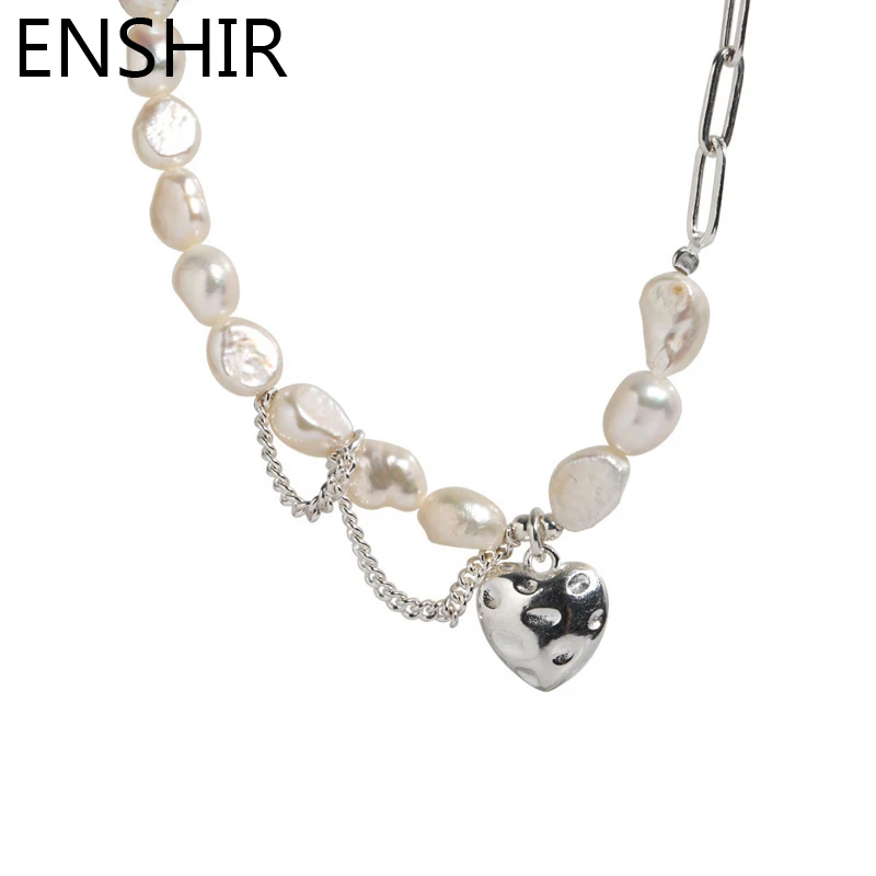 ENSHIR Silver Color Asymmetric Imitation Pearl Love Heart Pendant Necklace For Women Fashion Temperament Jewelry Gifts