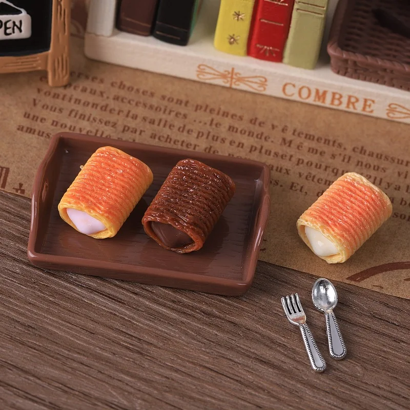 3Pcs Mini Chocolate Cream Roll Pastry Resin Food Miniature Chocolate Swiss Roll DIY Dollhouse Accessories Food Model Ornaments