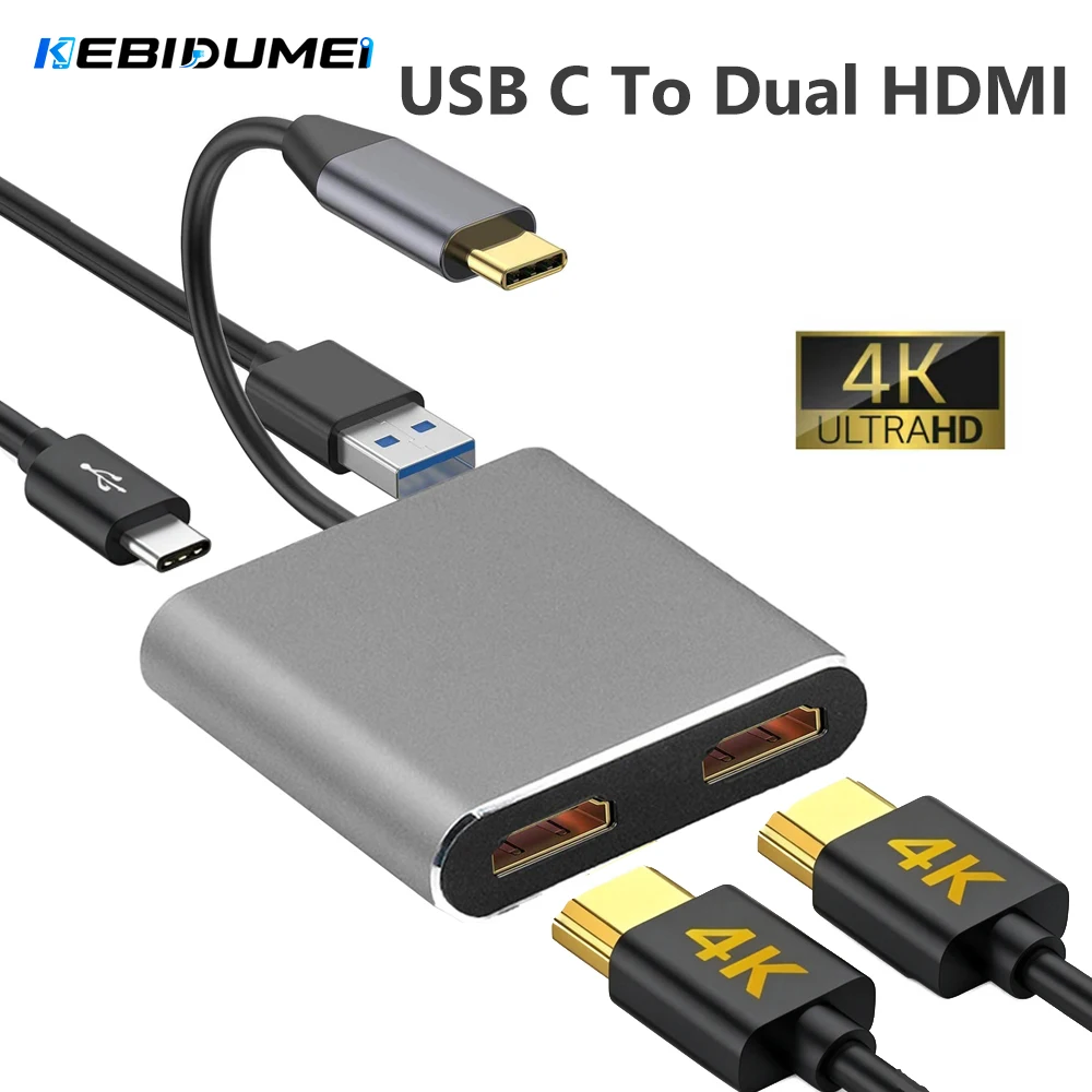 KEBIDUMEI USB C To Dual HDMI HUB Splitter 4 in 1 USB Docking Station PD 4K 30Hz Screen Expansion Displayer Converter For Laptop
