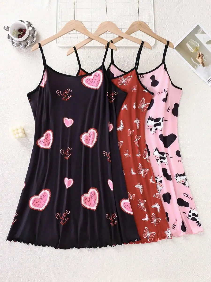 

Womens Heart And Cow Print Sleeveless Sleepwear Nightgown Set