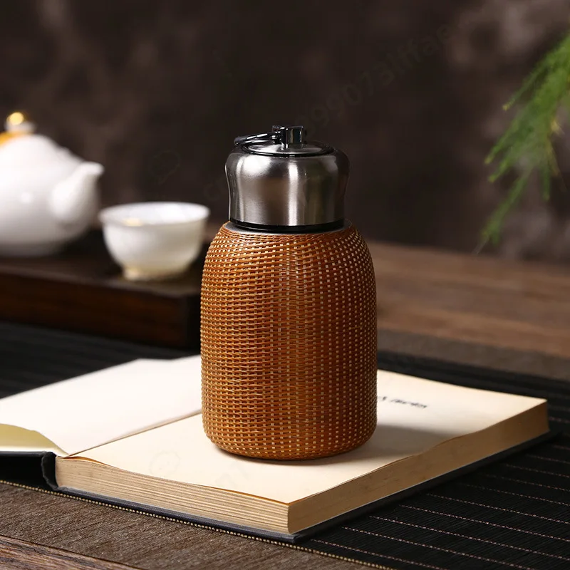 Bamboo Weave Cup Cover, Portable Stainless Steel Water Mug, Small Thermos Hot Water Bottle Travel Drinking Cup