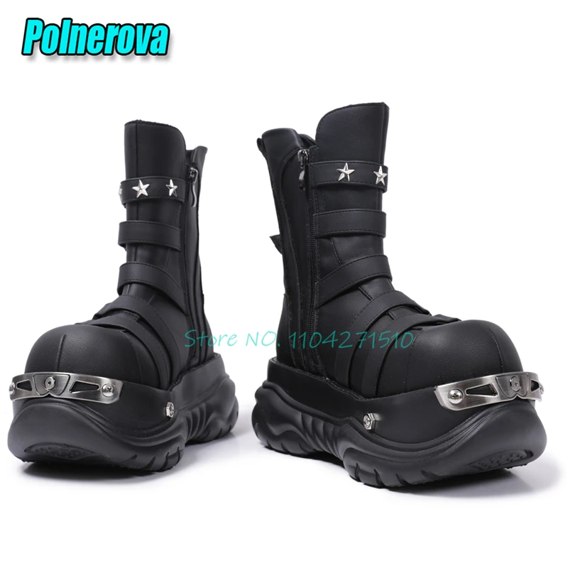 

Punk Rivet Metal Decor Thick Bottom Motorcycle Boots Niche Design Black Big Round Toe Side Zipper Short Boots Trendy Women Shoes