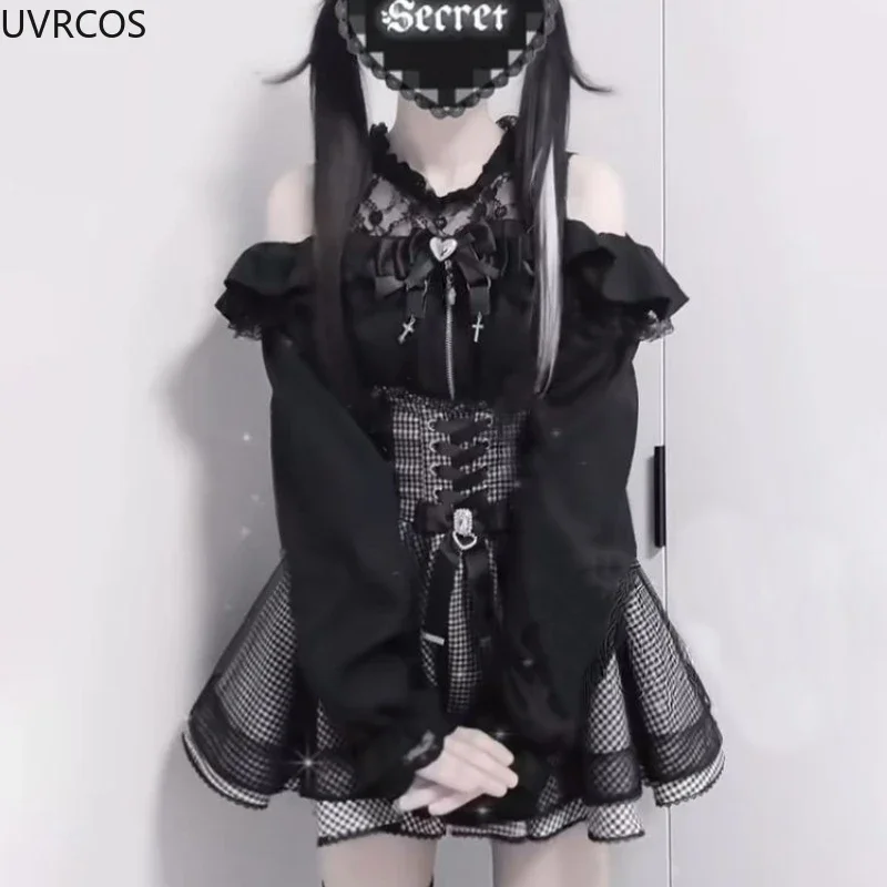 

Japanese Gothic Y2k Lolita Skirt Lace Off Shoulder Bow Shirt Long Sleeved Off Shoulder Top High Waisted Skirt JK Uniform Set