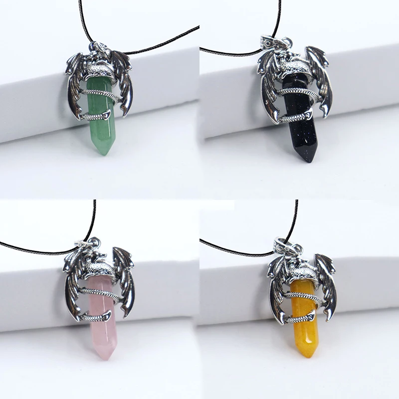 2023 Animal Dragon Man Necklace Natural Gem Stone Healing Pink Quartz Hexagonal Crystal Pendant Vintage Jewelry for Women Gift