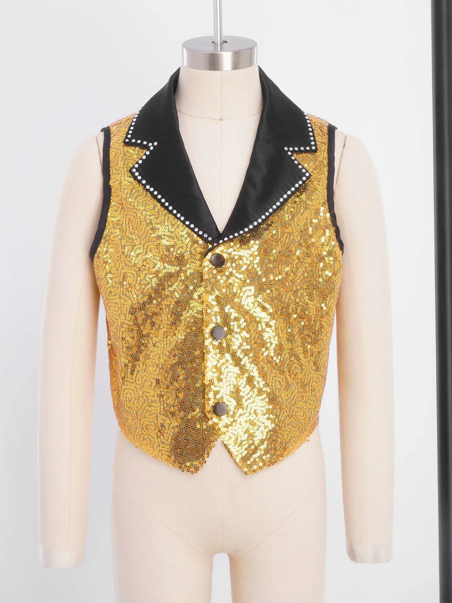 Kids Boys Girls Sparkling Sequin Vest Contrasting Lapel Collar Sleeveless Asymmetrical Hem Waistcoat Jazz Stage Performance Tops