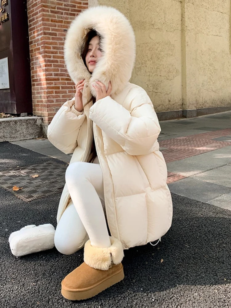 Hooded With Large Faux Fur Collar Mid‑Length Padded Jacket Pink Women 2026 Winter Down Cotton Puffer Coat Warm Parkas