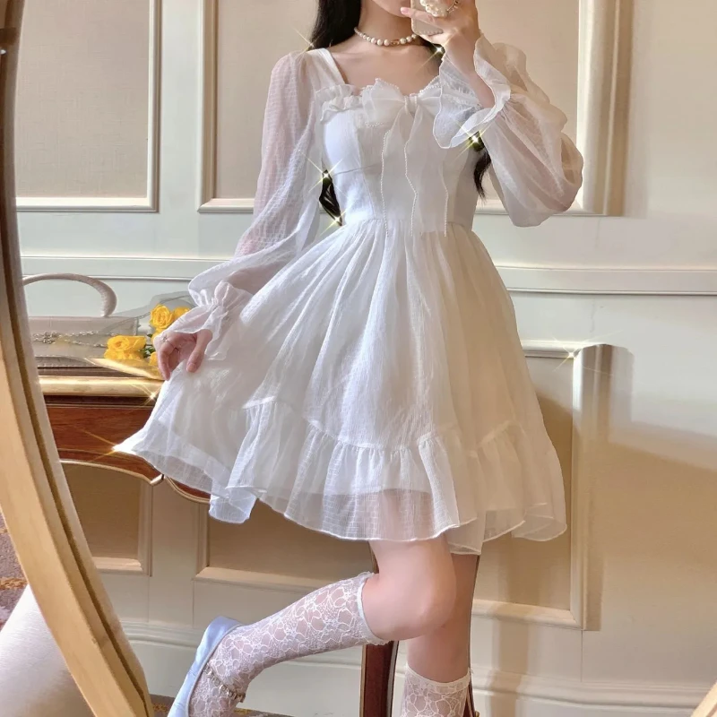 French Fairy Bow Mesh Princess Dress Spring Summer Flare Sleeve Sheer Waisted A-line Ruffled Midi Dresses Party Vestido