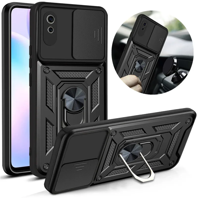 For Xiaomi Redmi 9 9A 9C Case Armor Shockproof Phone Cover for Redmi 9T Magnetic Car Holder Ring Push Pull Camera Protect Shell