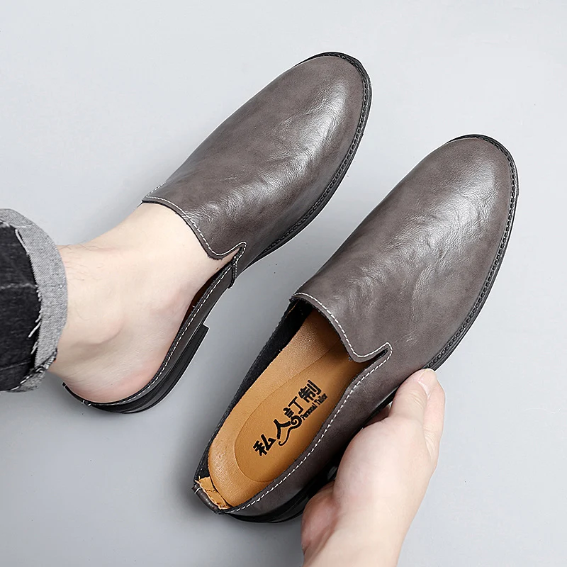 Genuine Leather Mules Shoes Men\'s Half Shoes For Man Luxury Brand Slippers Men Designer Casual Shoes Breathable Slip On Footwear