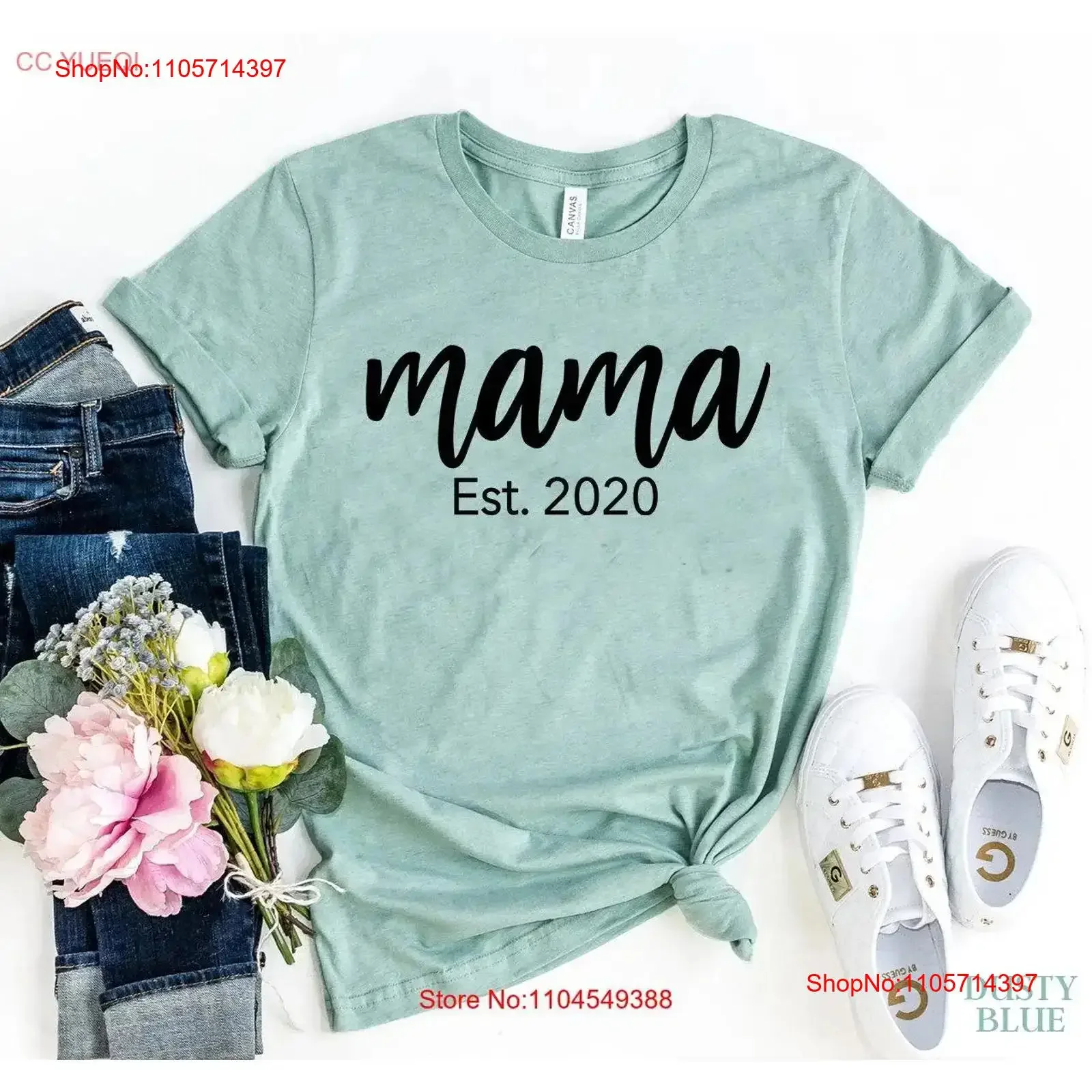 Mama Est 2020 T Shirt Cute Mom New Baby Shower Birthday Christmas Mother's Day vintage Washed Soft fashion Slightly Casual