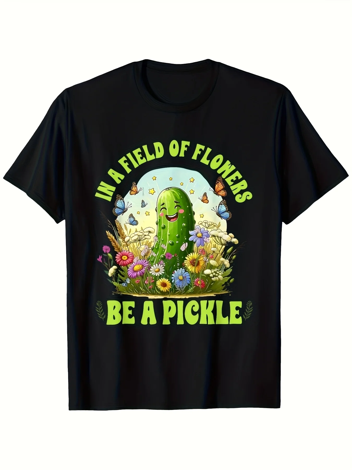Men's fun-themed T-shirt with a pattern of cooking in a flower field, round neck, loose fit, featuring a playful cucumber and floral design