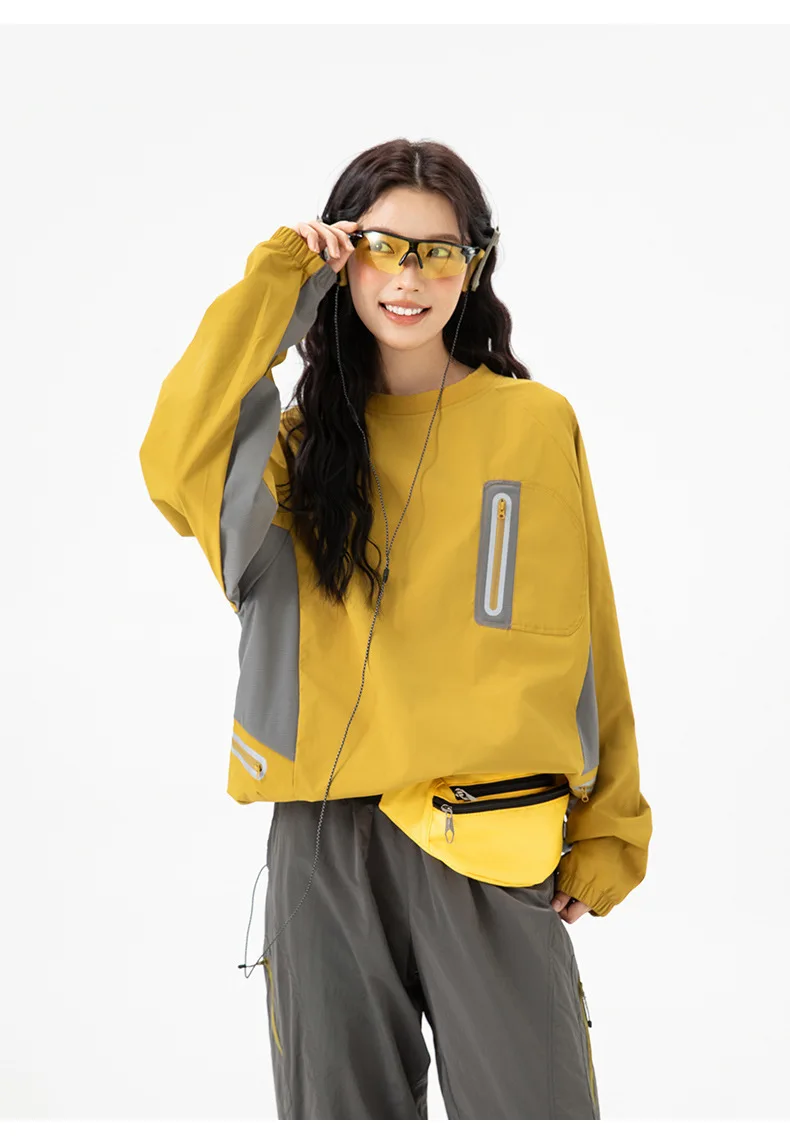 

Outdoor Splash-Resistant Reflective Sports Long Sleeve T-Shirt Women Men Windproof Autumn Lightweight Patchwork Colour-Block Top
