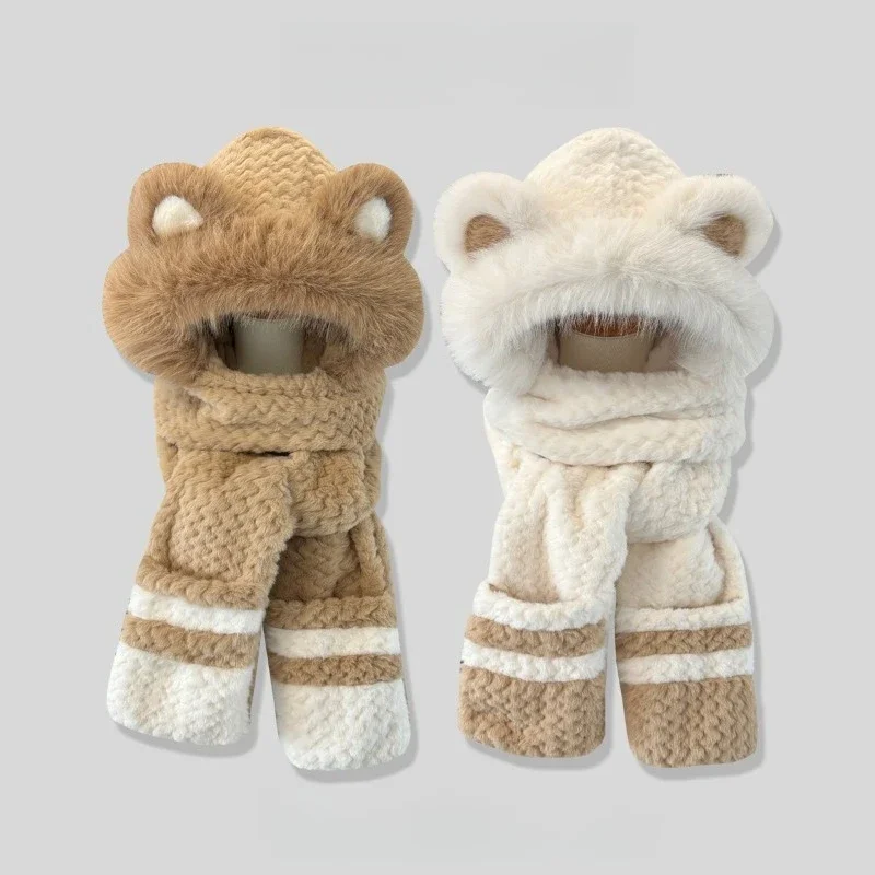 Cute Bear Color Matching Plush Hat Scarf Gloves Integrated Women's Thickened Plush Ear Protectors Warm Suit